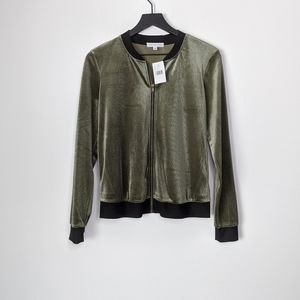 Socialite Green Black Velvet Zip Up Bomber Jacket
